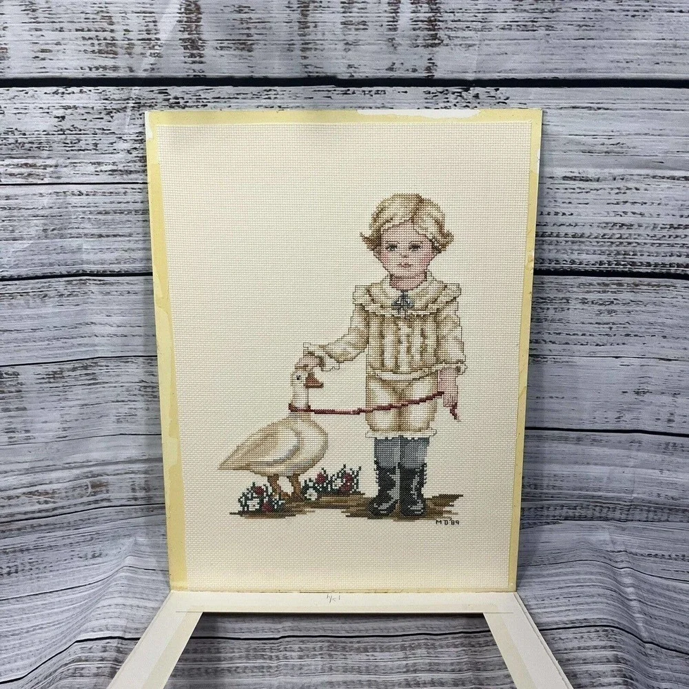 Vintage Finished Cross Stitch English Victorian Boy w/ Duck 1989 16x12
